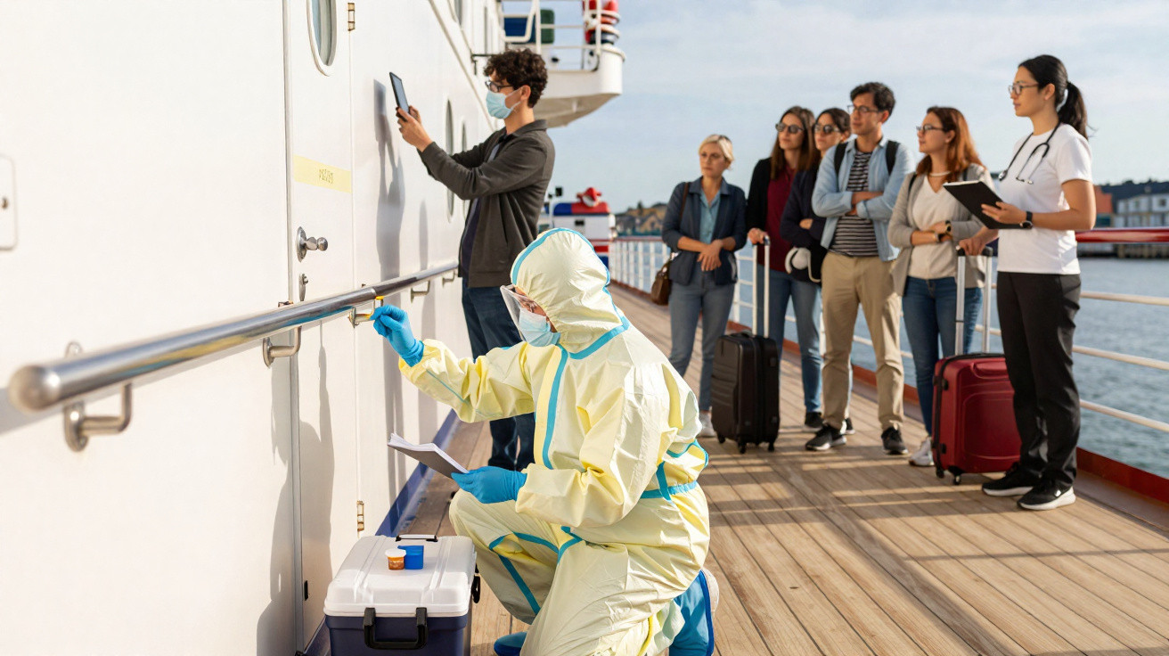 Profissional de saúde em equipamento de proteção verifica a porta de uma cabine num navio, com passageiros na fila.