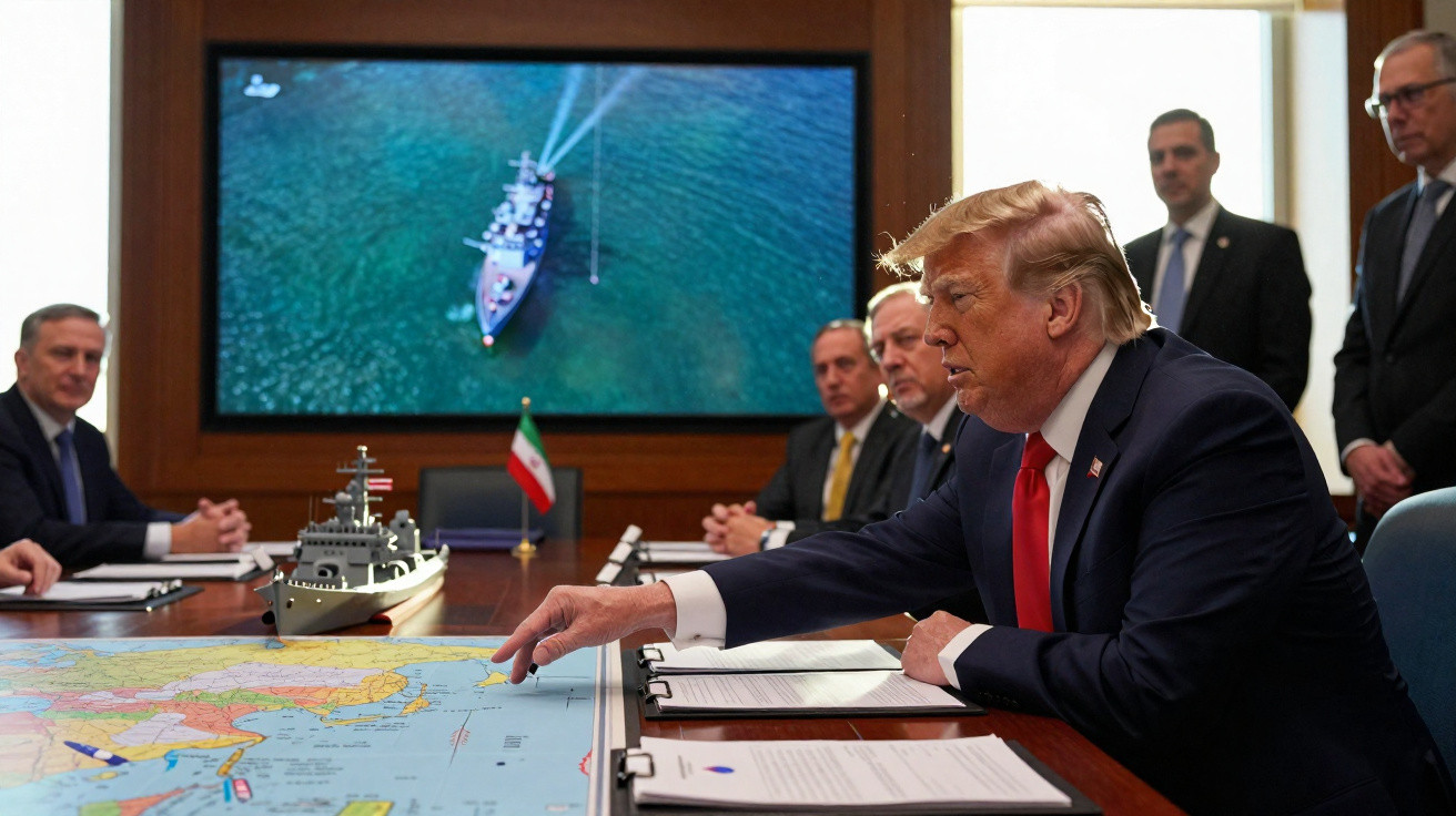 Homem de fato apontando para modelo de navio militar sobre mapa numa sala de reunião formal.