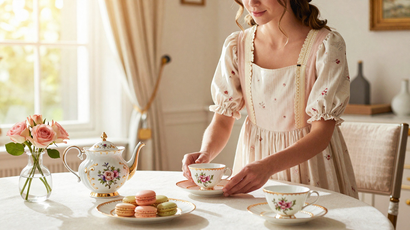 Mulher a servir chá numa mesa com porcelana decorada e flores numa sala iluminada pela janela.