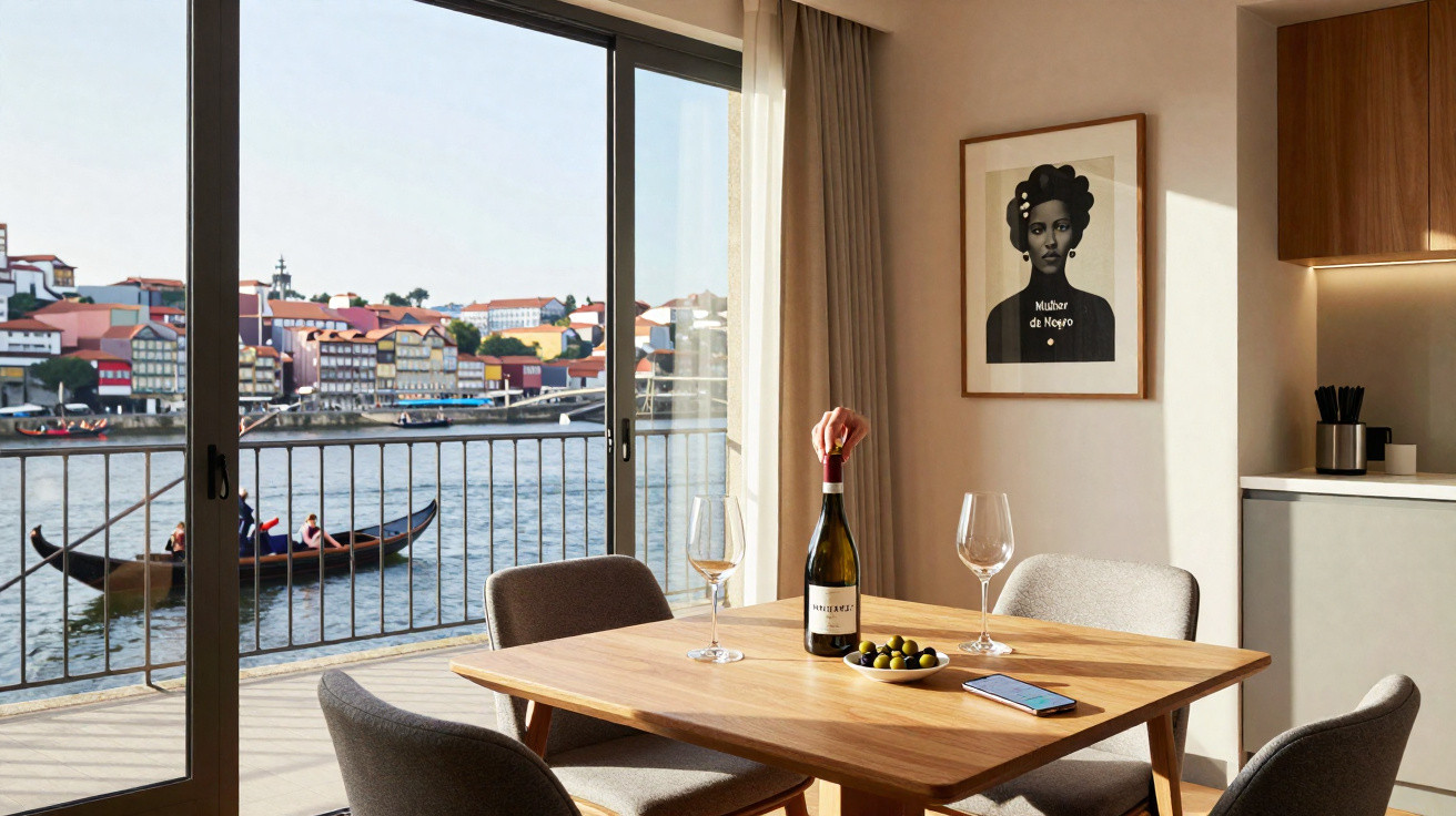 Mesa de jantar junto a janela com vista para rio e barco, com garrafa de vinho, copos e prato com azeitonas.