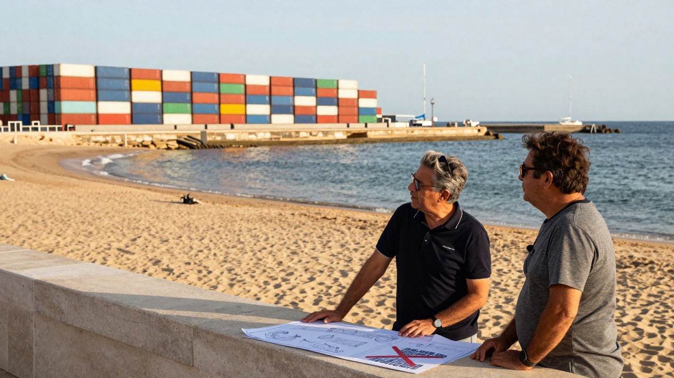 Dois homens analisam plantas junto à praia com contentores e barcos ao fundo.