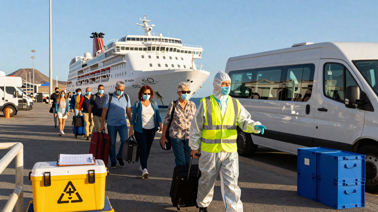 Passageiros com máscara desembarcam de navio de cruzeiro e seguem para transporte no porto ao ar livre.