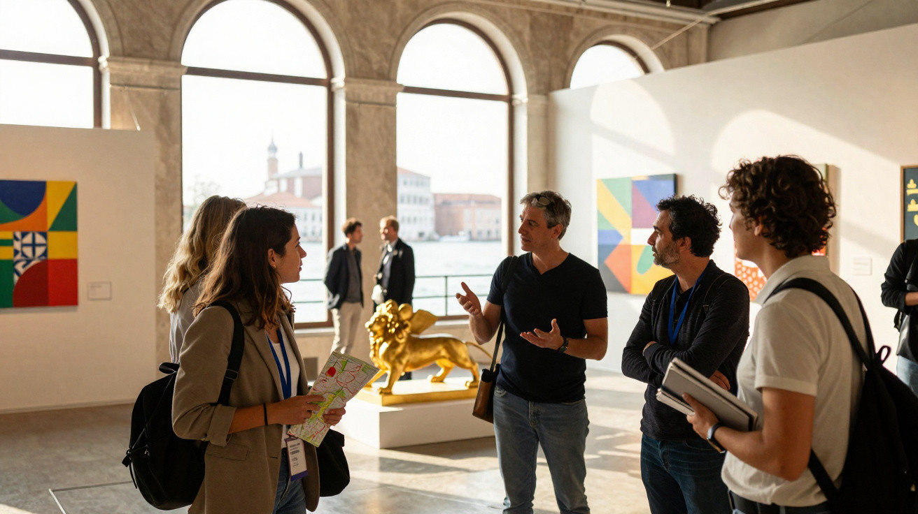 Grupo de pessoas a discutir numa galeria de arte com obras coloridas e uma escultura dourada ao fundo.
