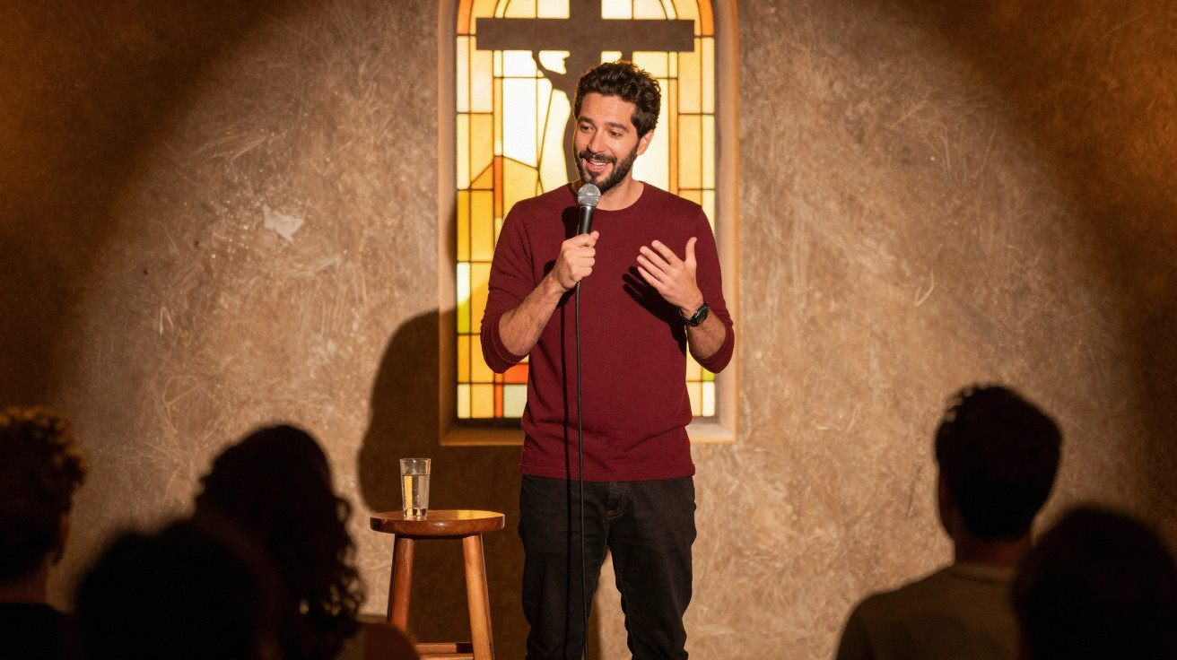 Comediante de pé no palco com microfone, frente a público, numa sala com janela colorida e iluminação quente.