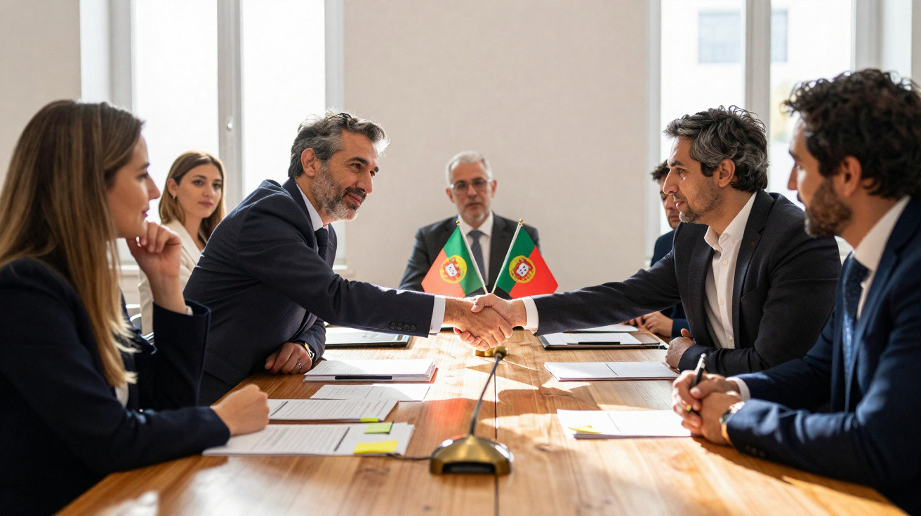 Dois grupos de profissionais apertam as mãos numa reunião com bandeiras de Portugal ao centro da mesa.