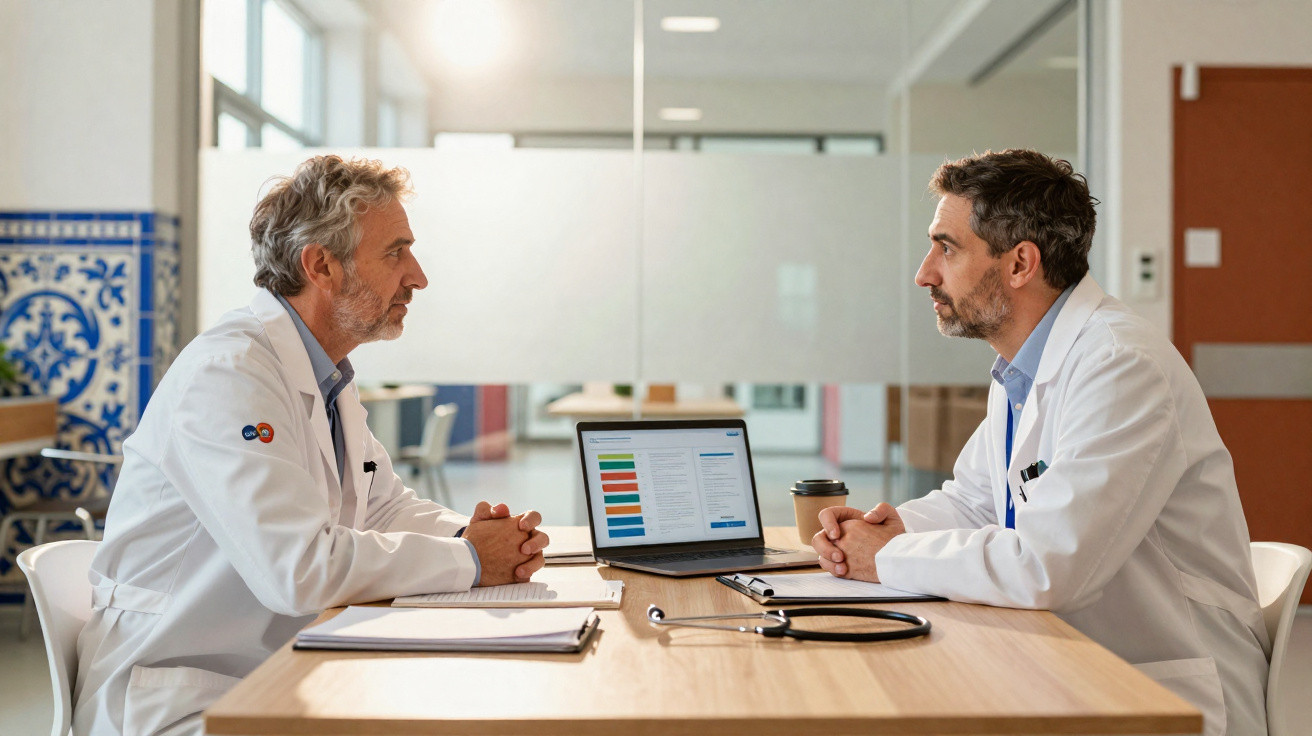 Dois médicos em gabinetes, frente a frente, analisando dados num computador portátil.