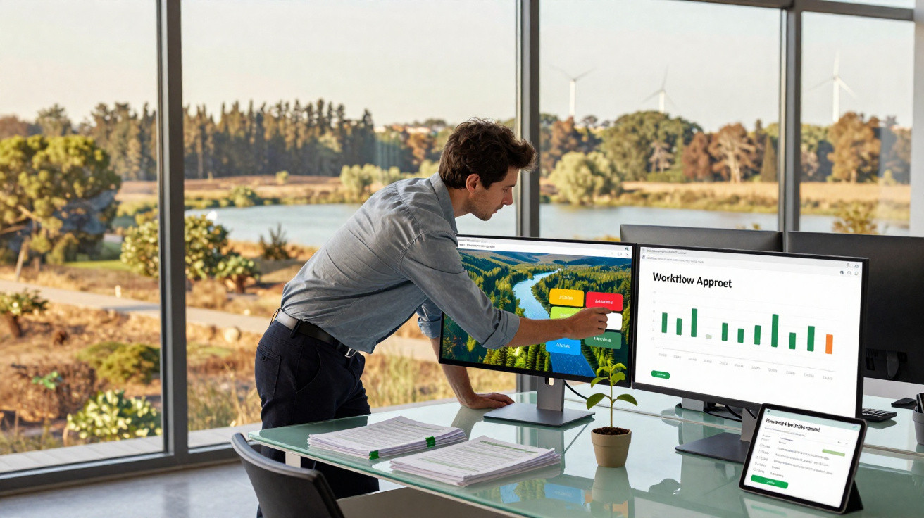 Mulher em escritório moderno com monitor duplo e tablet, apontando para ecrã com paisagem e cubo colorido VR.
