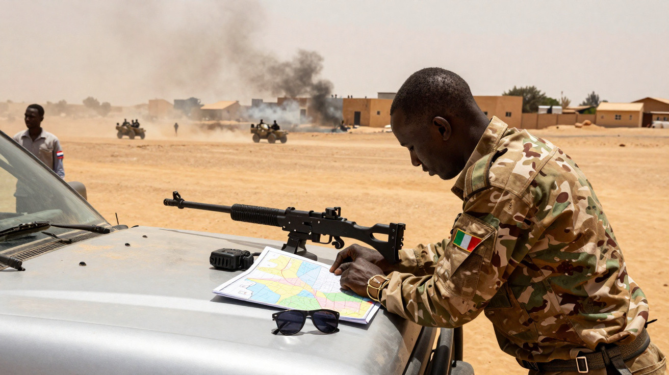 Soldado em uniforme de camuflagem examina mapa sobre capô de viatura em ambiente desértico com veículos militares ao fundo.