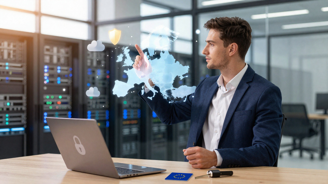 Homem a interagir com mapa digital da Europa em ambiente de servidor de dados moderno.