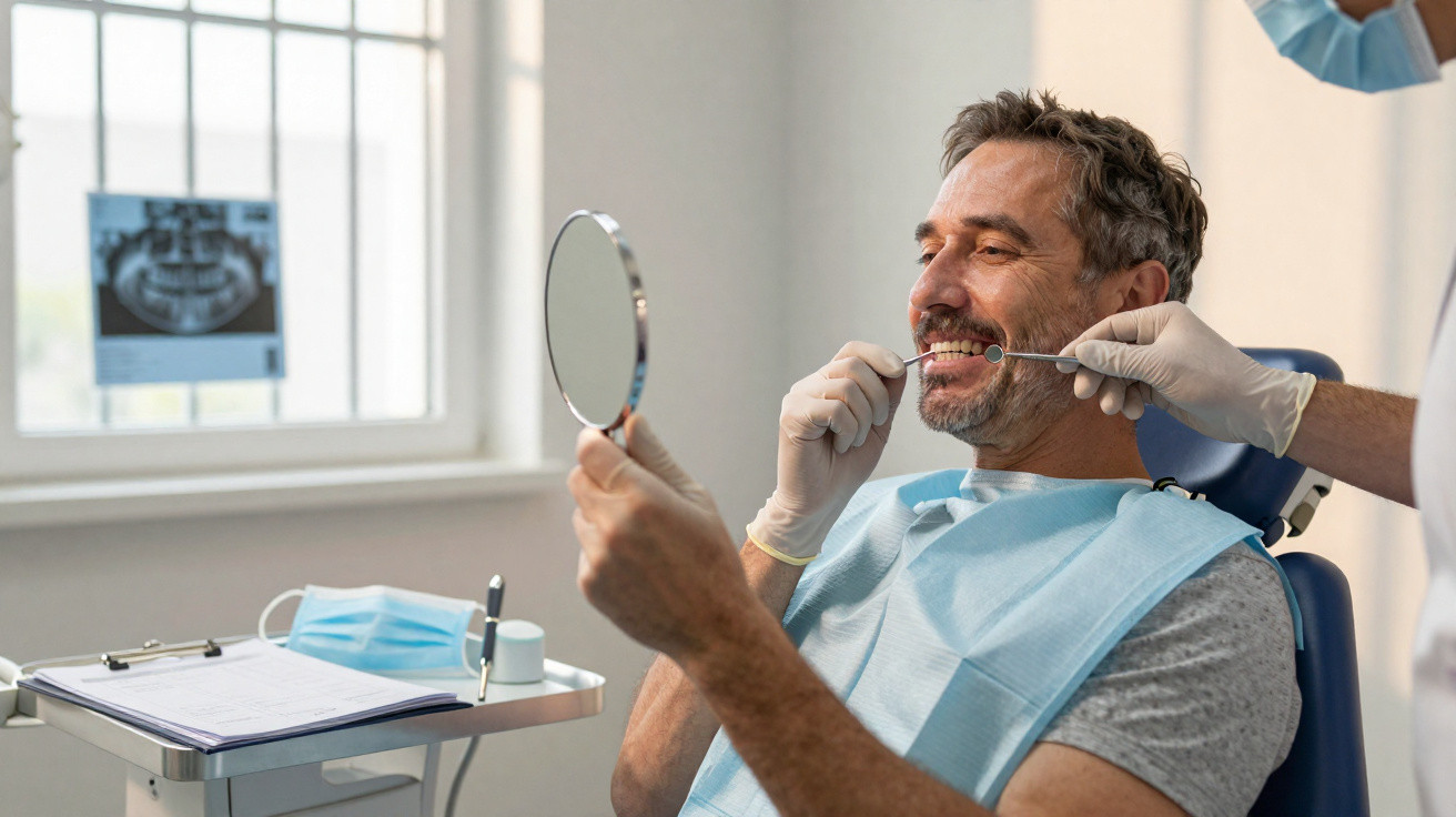 Homem sorridente a olhar no espelho durante consulta odontológica com dentista de máscara e luvas.