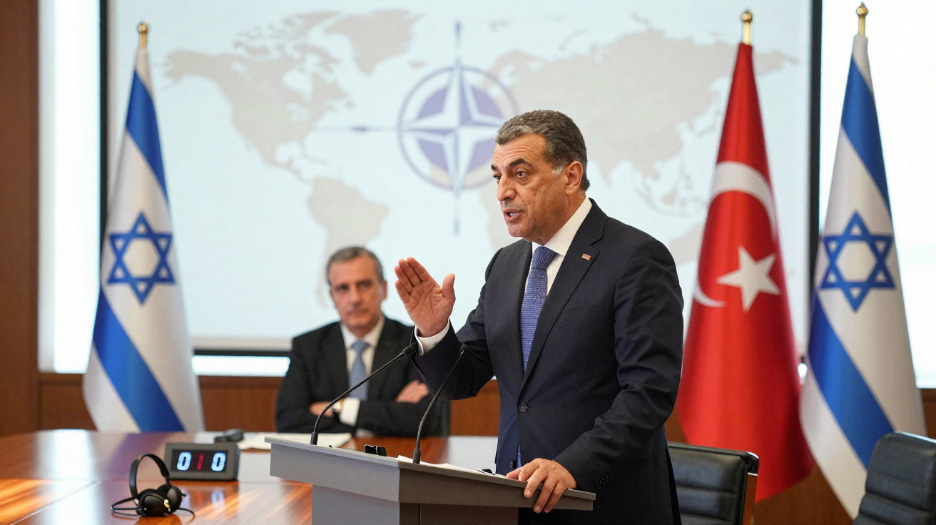 Homem de terno a discursar num púlpito com bandeiras de Israel e Turquia e mapa mundi ao fundo.