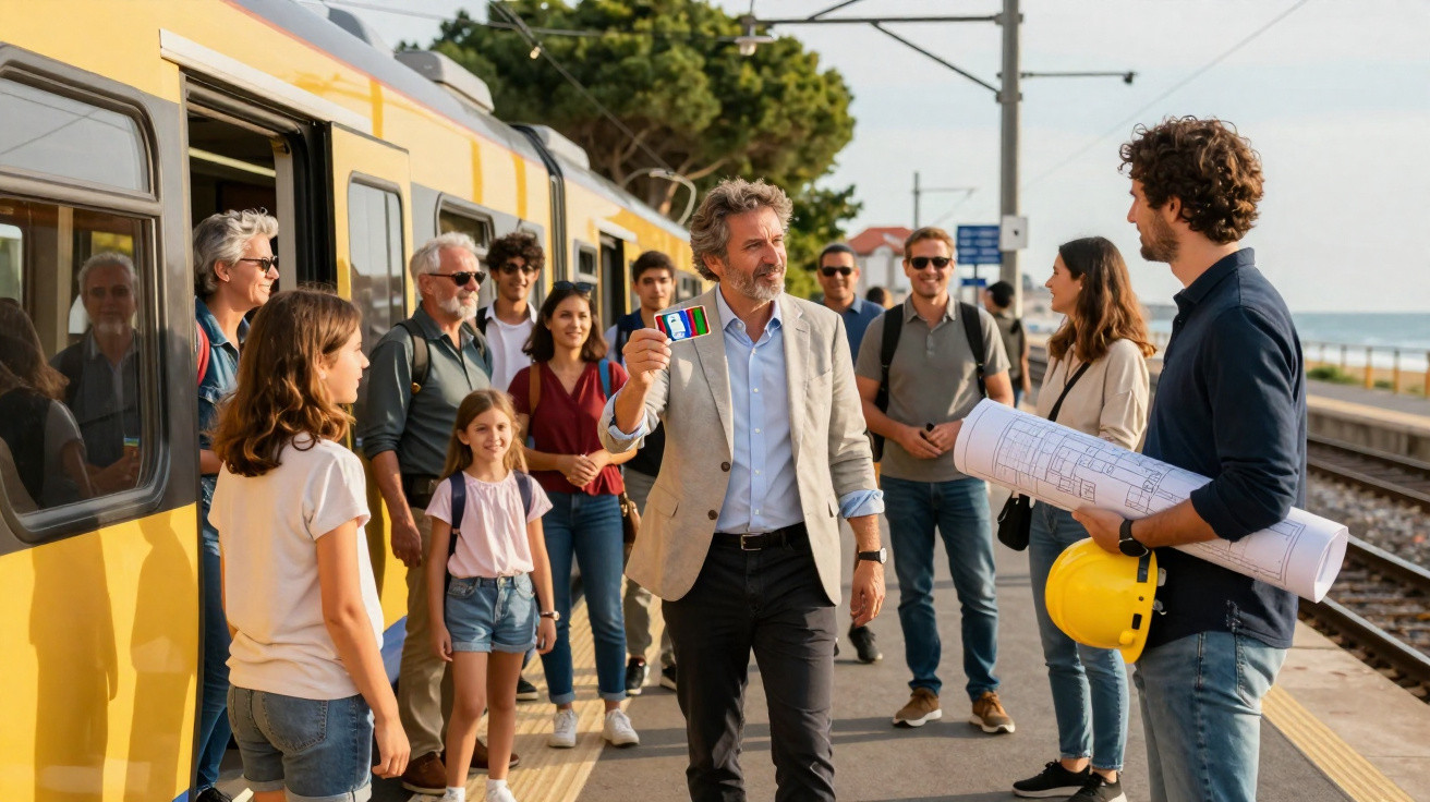 Homem a mostrar cartão de transporte a grupo de pessoas na estação ferroviária junto a comboio amarelo.