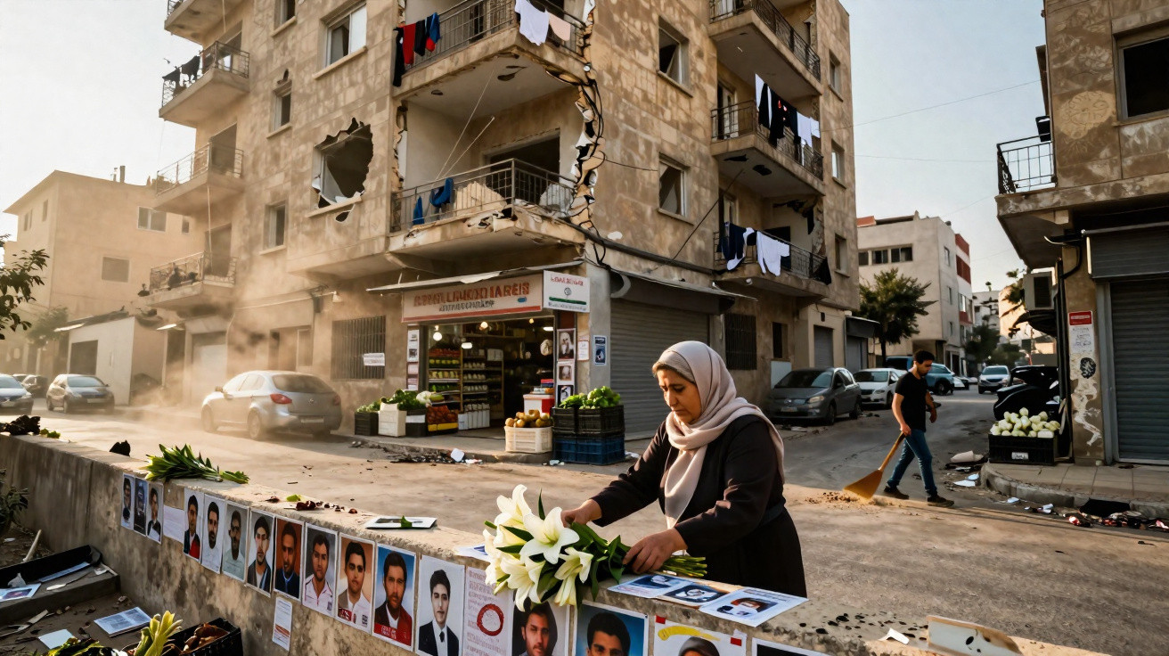 Mulher de lenço na cabeça coloca flores junto a fotos de vítimas em rua de cidade com edifícios danificados.