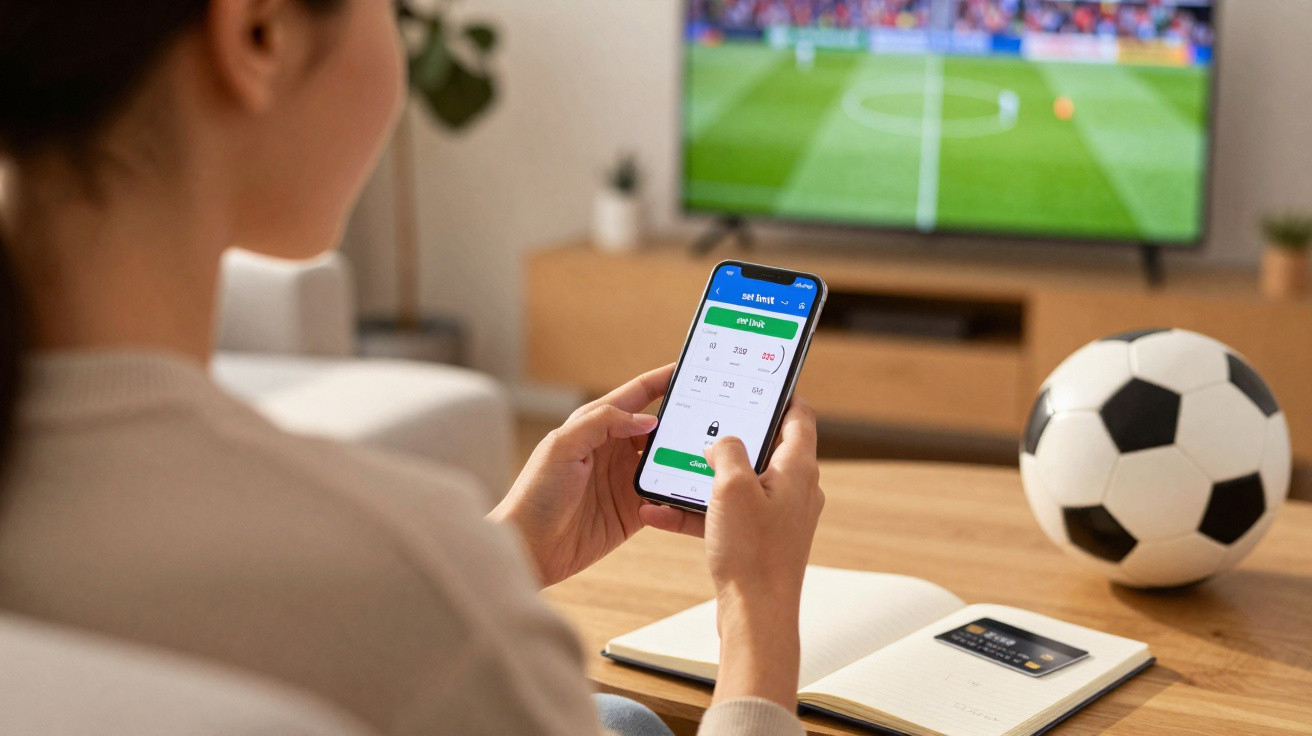 Pessoa a segurar telemóvel com app aberta, bola de futebol, caderno e televisão com jogo de futebol ligada.