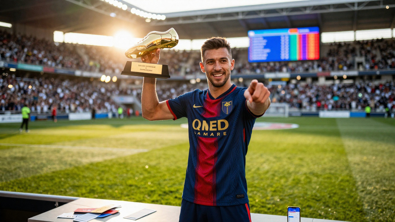 Jogador de futebol celebra com taça de botas douradas num estádio com público ao fundo.