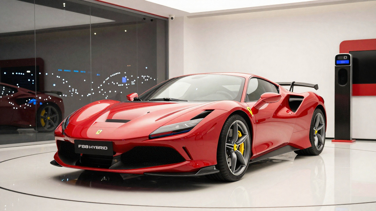 Automóvel desportivo Ferrari F8 Hybrid vermelho numa exposição interior iluminada.