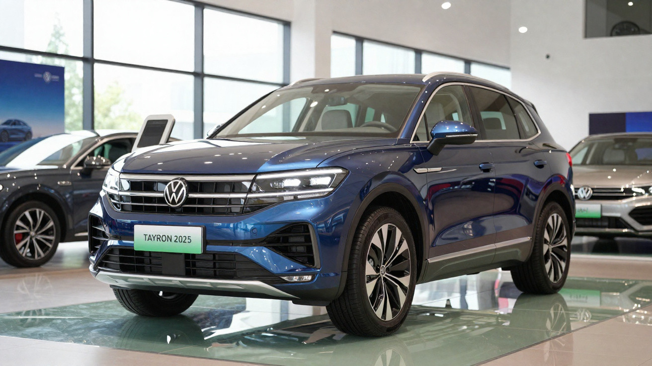 Volkswagen Tayron 2025 azul exibido numa sala de exposições moderna com outro carro cinzento ao fundo.