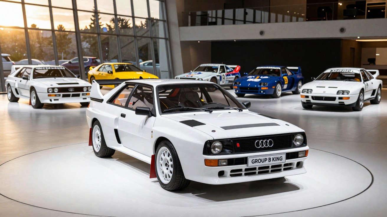 Cinco carros de rali clássicos Grupo B expostos num espaço moderno e iluminado, destaque para Audi Quattro branco à frente.