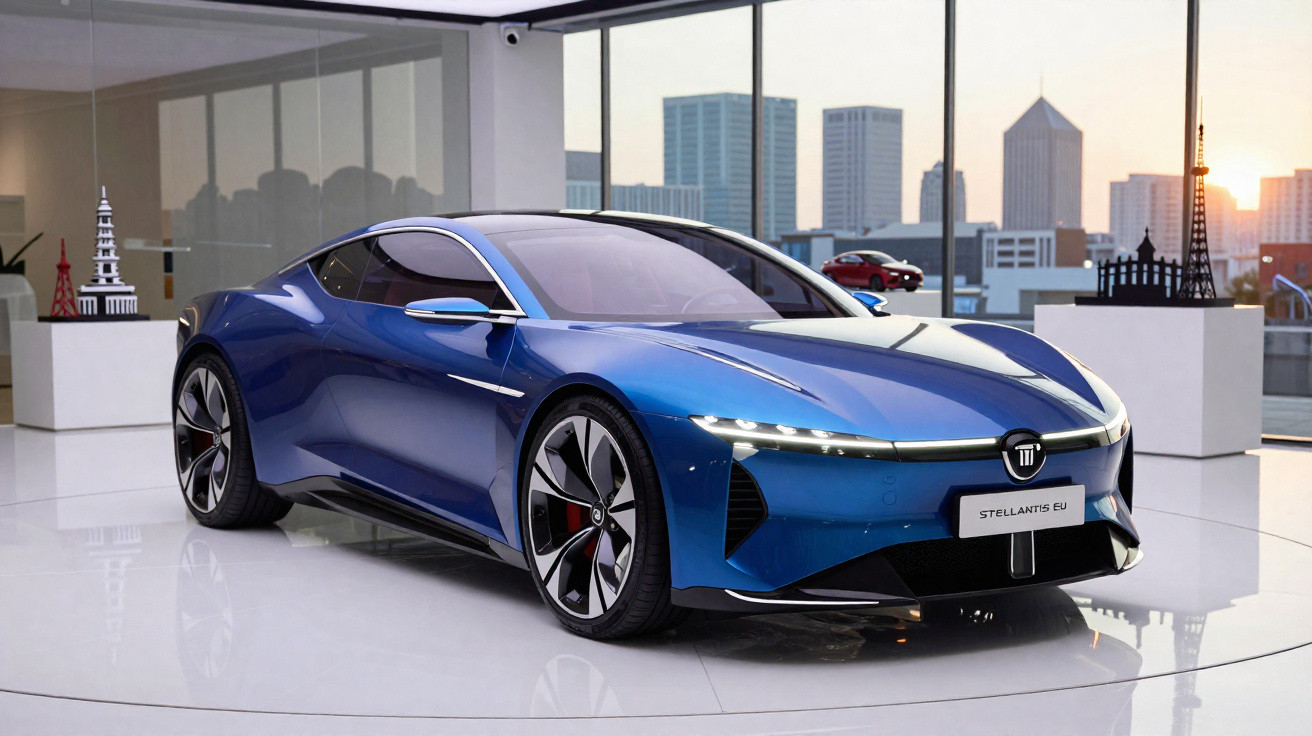 Carro desportivo azul brilhante com design futurista exposto em sala com vista para cidade.