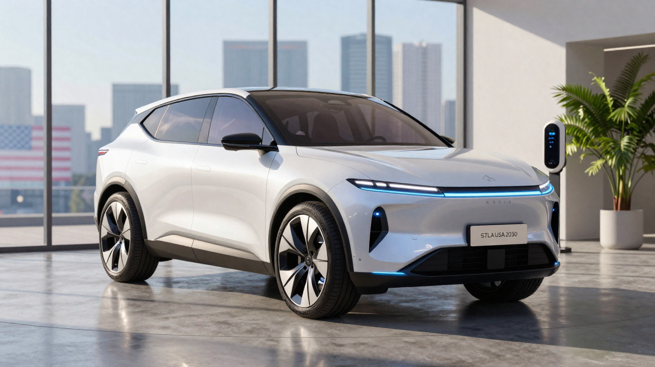 Carro elétrico branco moderno estacionado numa garagem com grandes janelas e um posto de carregamento elétrico.