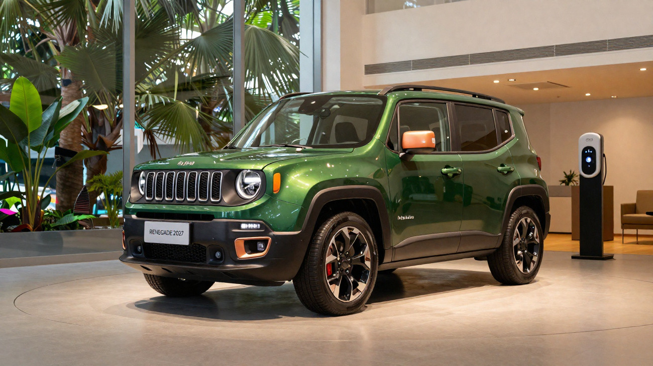 Jeep Renegade 2027 verde híbrido estacionado em espaço interior moderno com carregador elétrico.