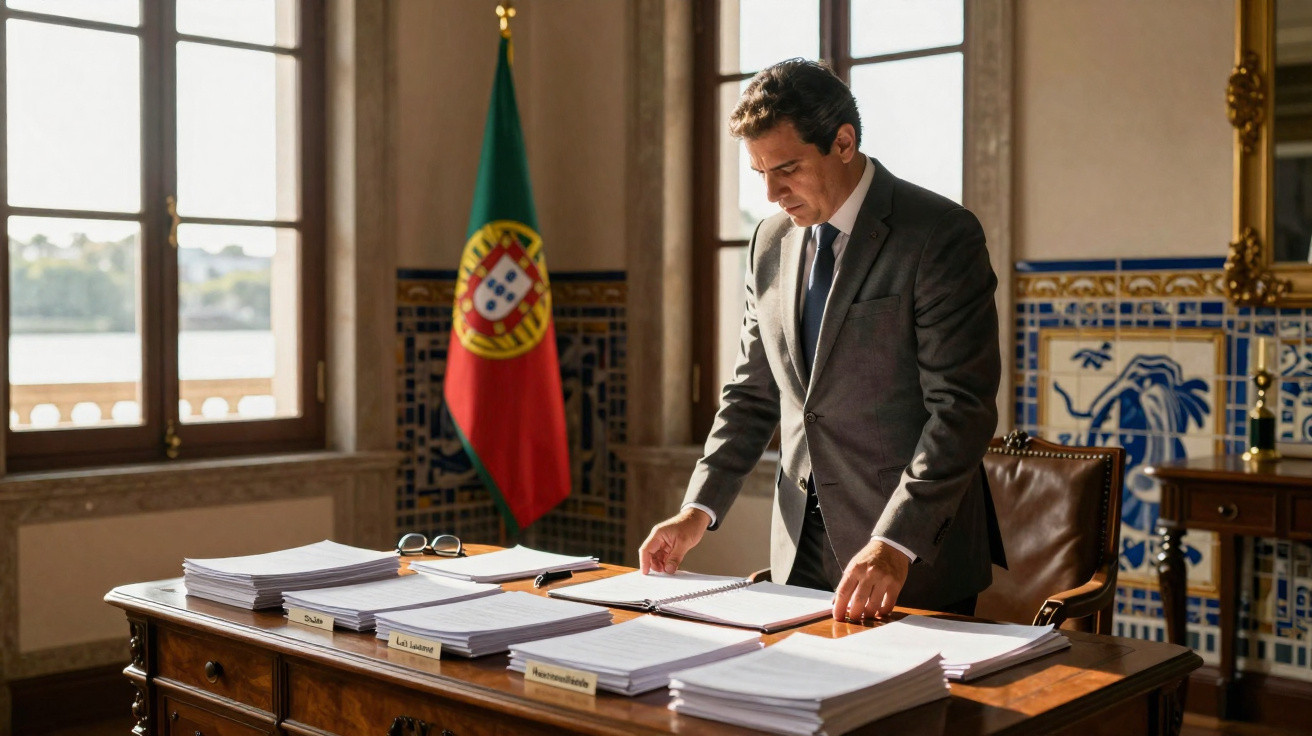 Homem de pé a analisar documentos sobre uma secretária numa sala com bandeira de Portugal.