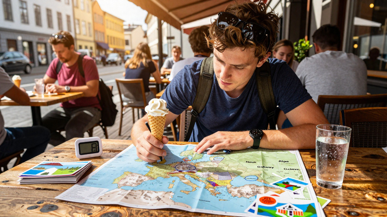 Jovem sentado numa esplanada a estudar um mapa da Europa enquanto come um gelado.