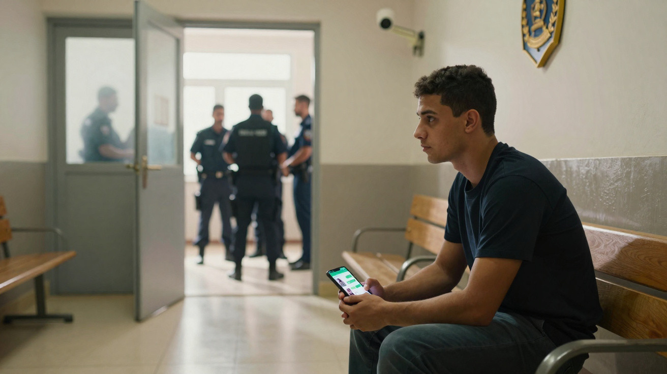 Jovem sentado num banco, a olhar para o telemóvel, com três polícias em pé à porta ao fundo.