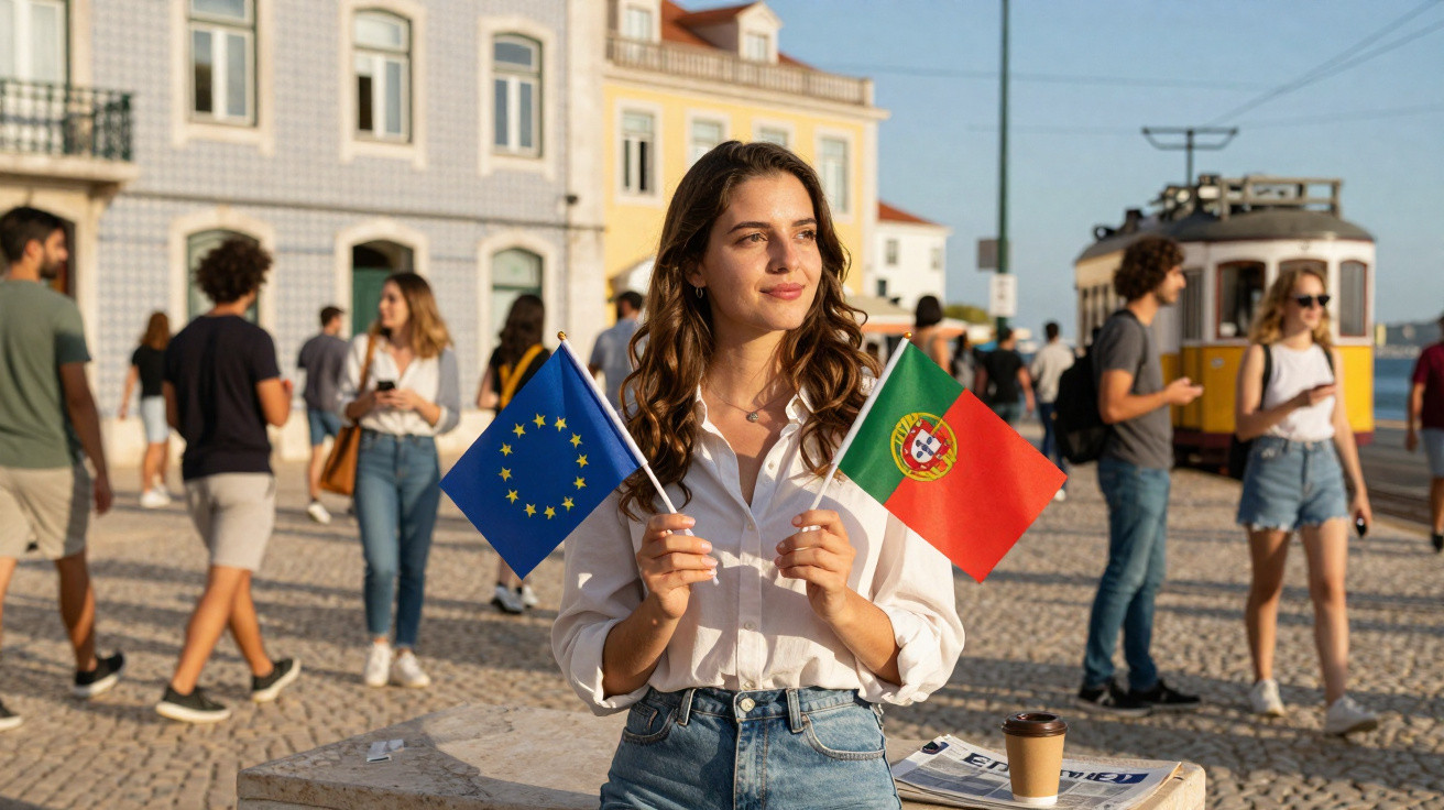 Jovem segura bandeiras da União Europeia e de Portugal numa praça com elétrico amarelo e pessoas ao fundo.