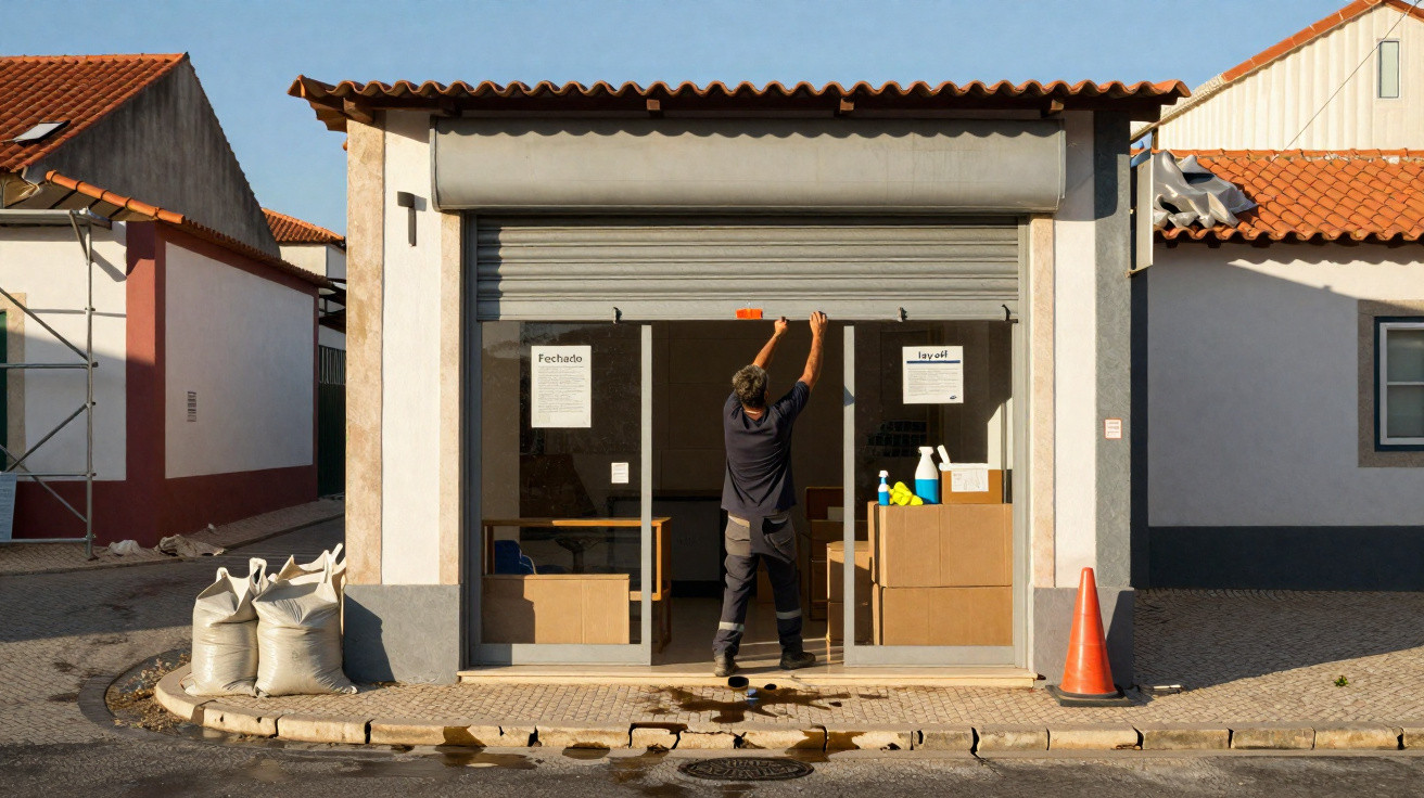 Homem a abrir porta de vidro de loja com sacos e cone no passeio em zona urbana.