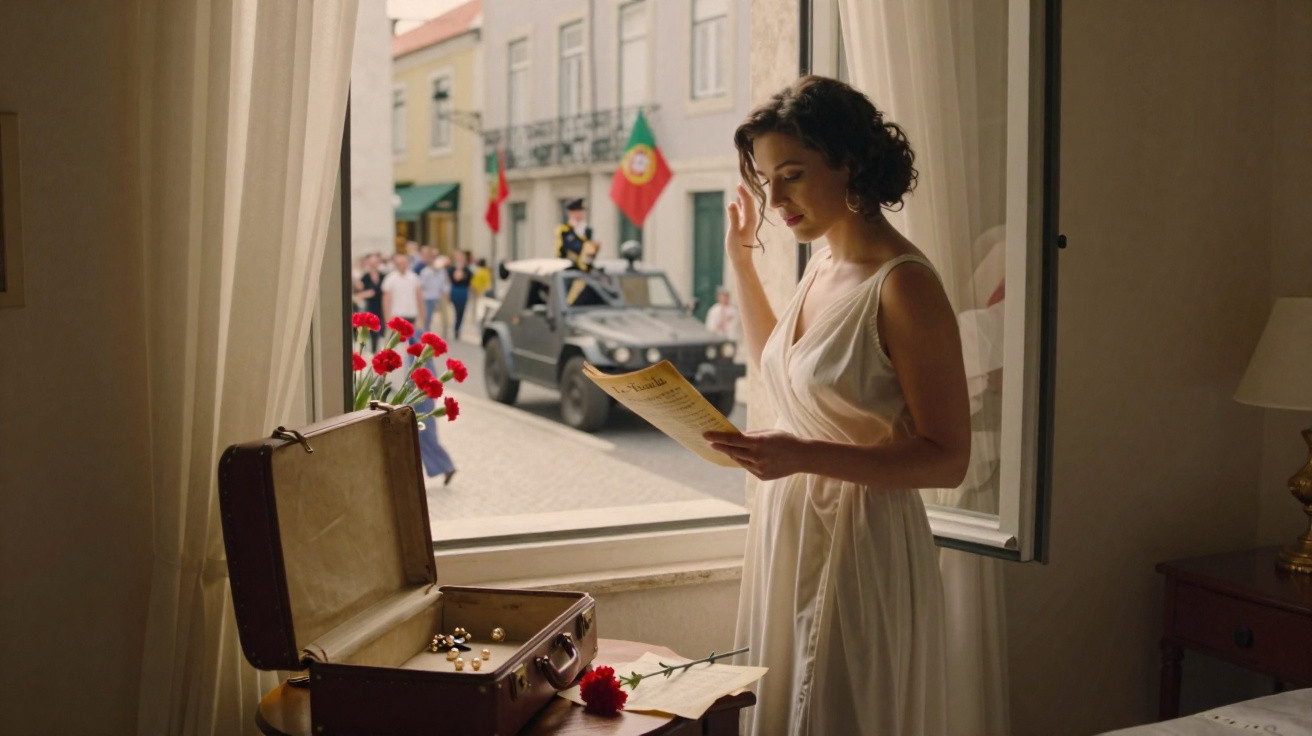 Mulher de vestido branco lê carta junto a janela com vista para rua e carro militar com bandeira de Portugal.