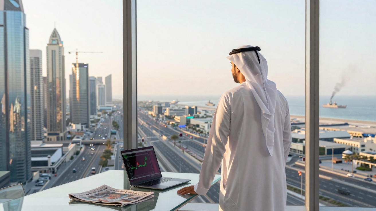 Homem em traje tradicional árabe observa a cidade e arranha-céus de Dubai a partir de escritório com laptop e jornal.