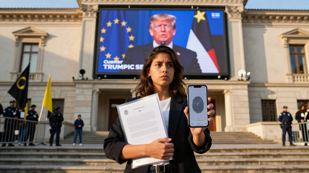 Mulher segura documentos e telemóvel com impressão digital, com edifício oficial e ecrã gigante com imagem de Donald Trump at