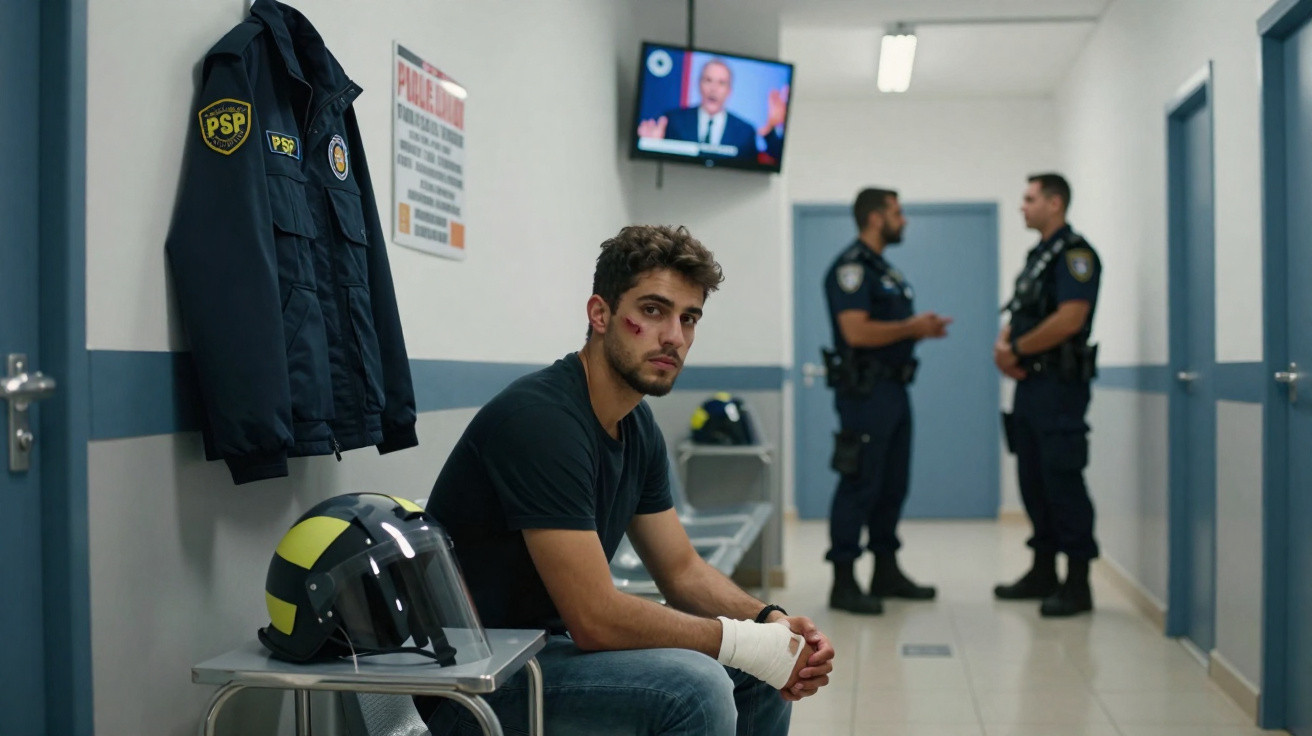 Jovem com ferimentos sentado numa esquadra de polícia, com dois polícias ao fundo a conversar.