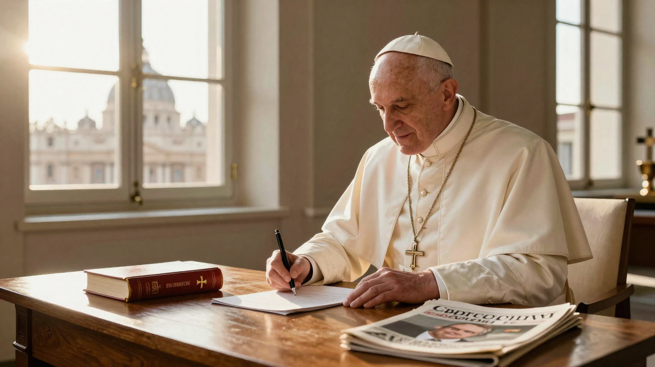 Papa Francisco sentado a uma mesa, escrevendo num caderno, com um livro religioso e jornais à sua frente.