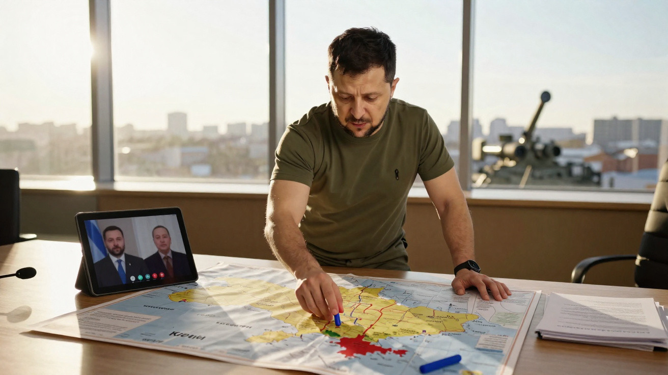 Homem sentado à mesa a marcar pontos num mapa, com videoconferência de três homens no tablet ao lado.