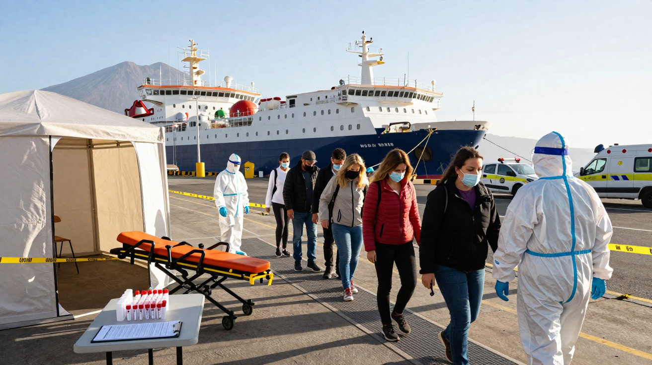 Pessoas com máscaras a serem conduzidas para testes de COVID-19 junto a um ferry e uma tenda de triagem.