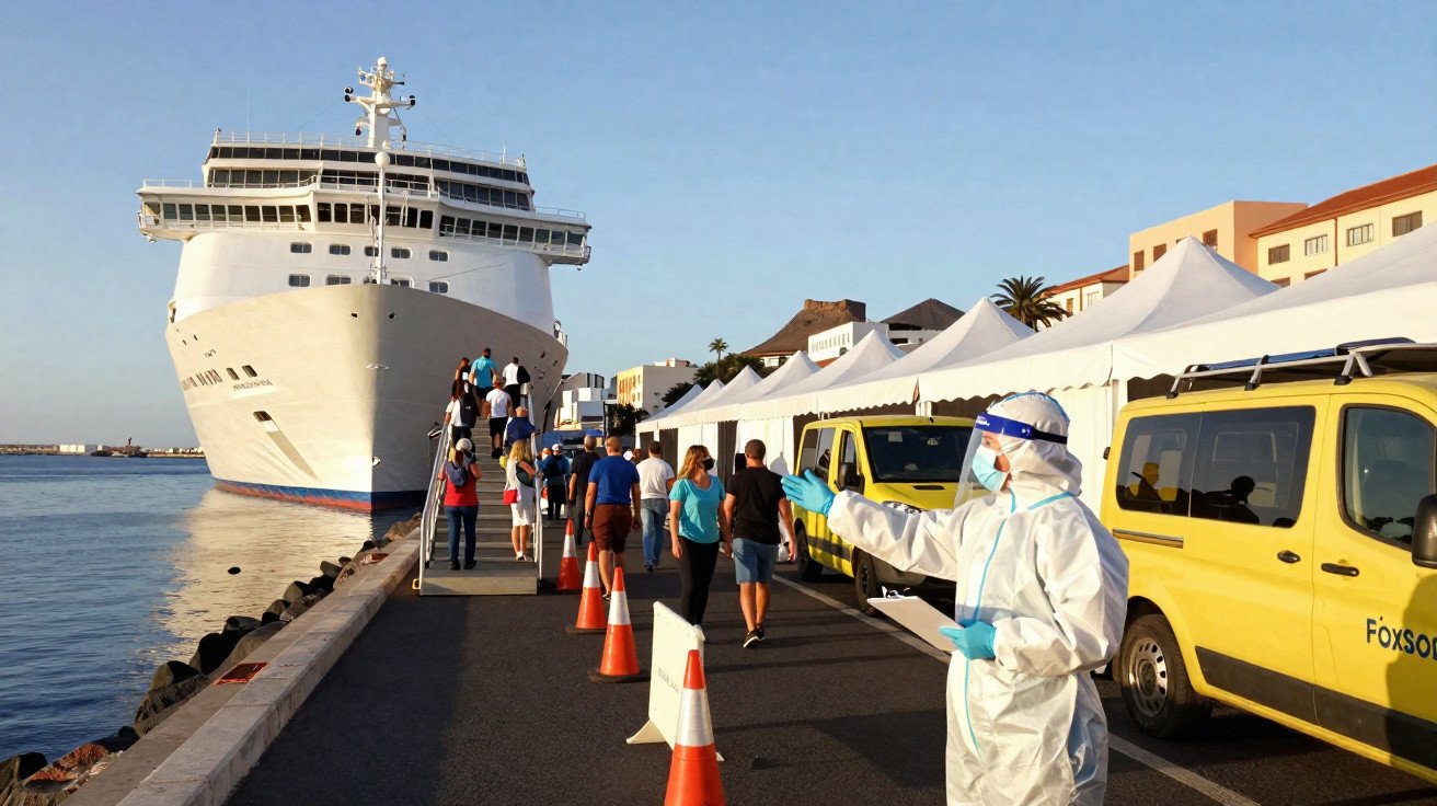 Passageiros desembarcam de um navio enquanto pessoal de saúde de proteção total orienta no cais.