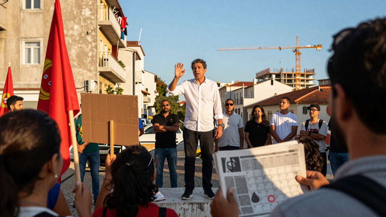 Homem de camisa branca fala para grupo em protesto na rua com bandeiras vermelhas ao pôr do sol.
