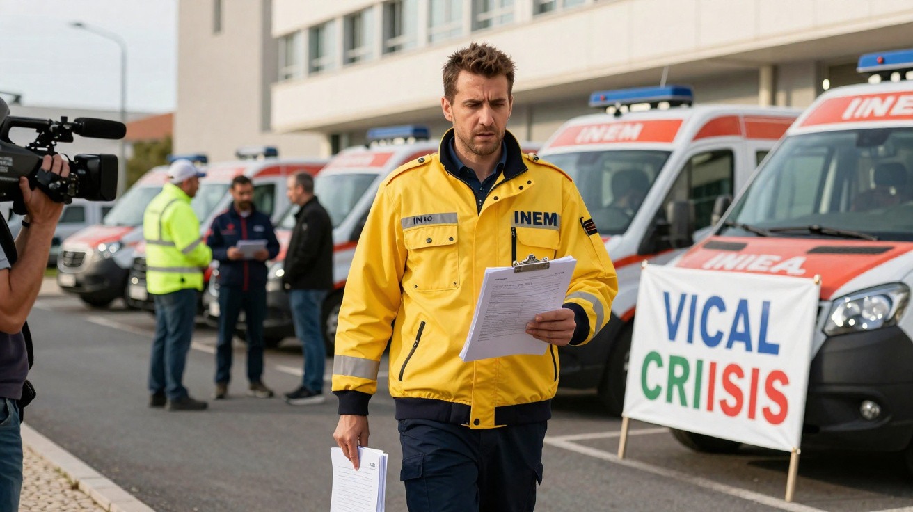 Homem de amarelo com colete INEM segura documentos junto a ambulâncias e equipa em fundo urbano.