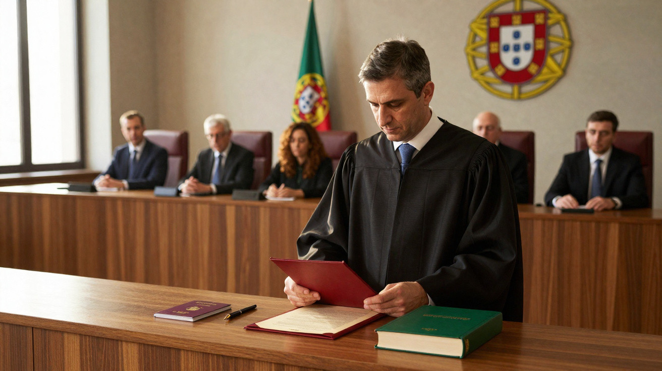 Juiz em toga lê documento em tribunal com bandeira e brasão de Portugal ao fundo, outros quatro juízes sentados atrás.