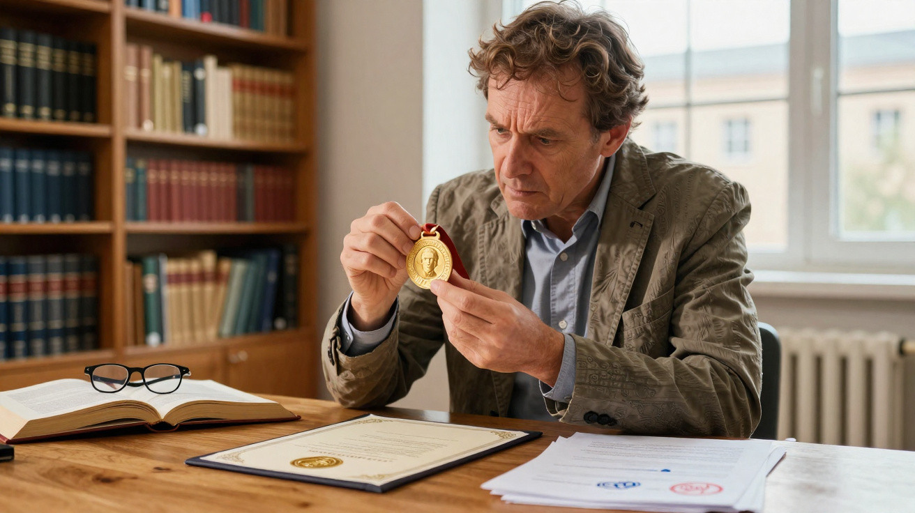 Homem sentado à mesa a examinar uma medalha dourada com livros e documentos numa biblioteca.
