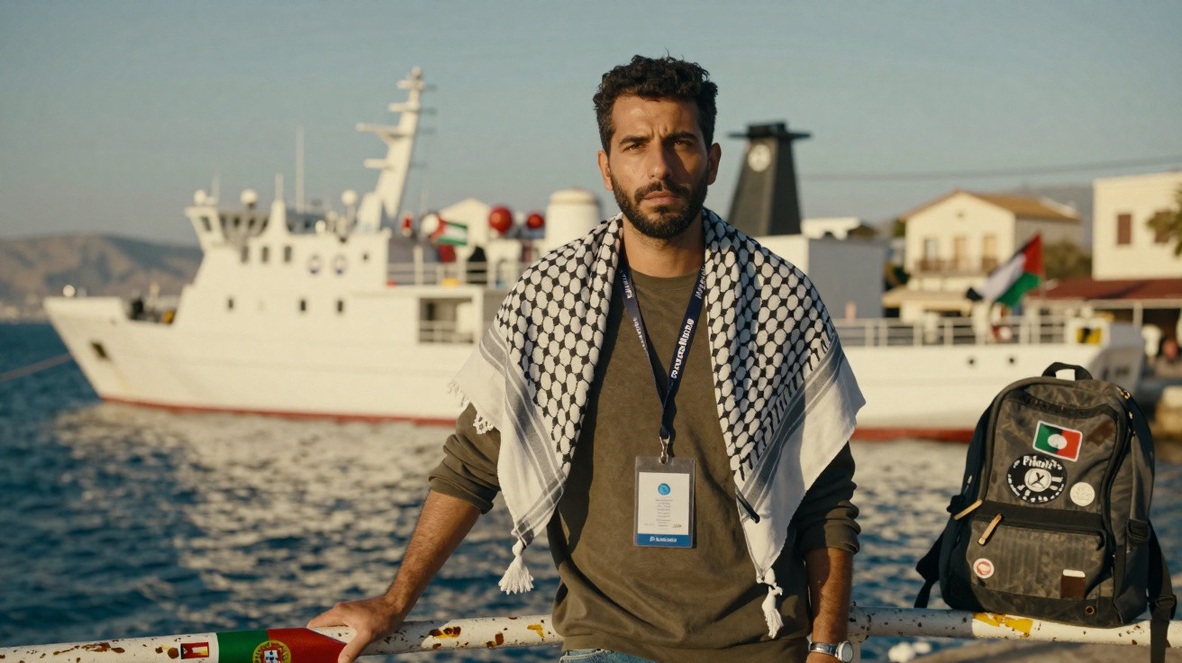 Homem com lenço palestiniano no ombro, apoiado em barreira frente ao mar com navio e mochila ao lado, em porto.
