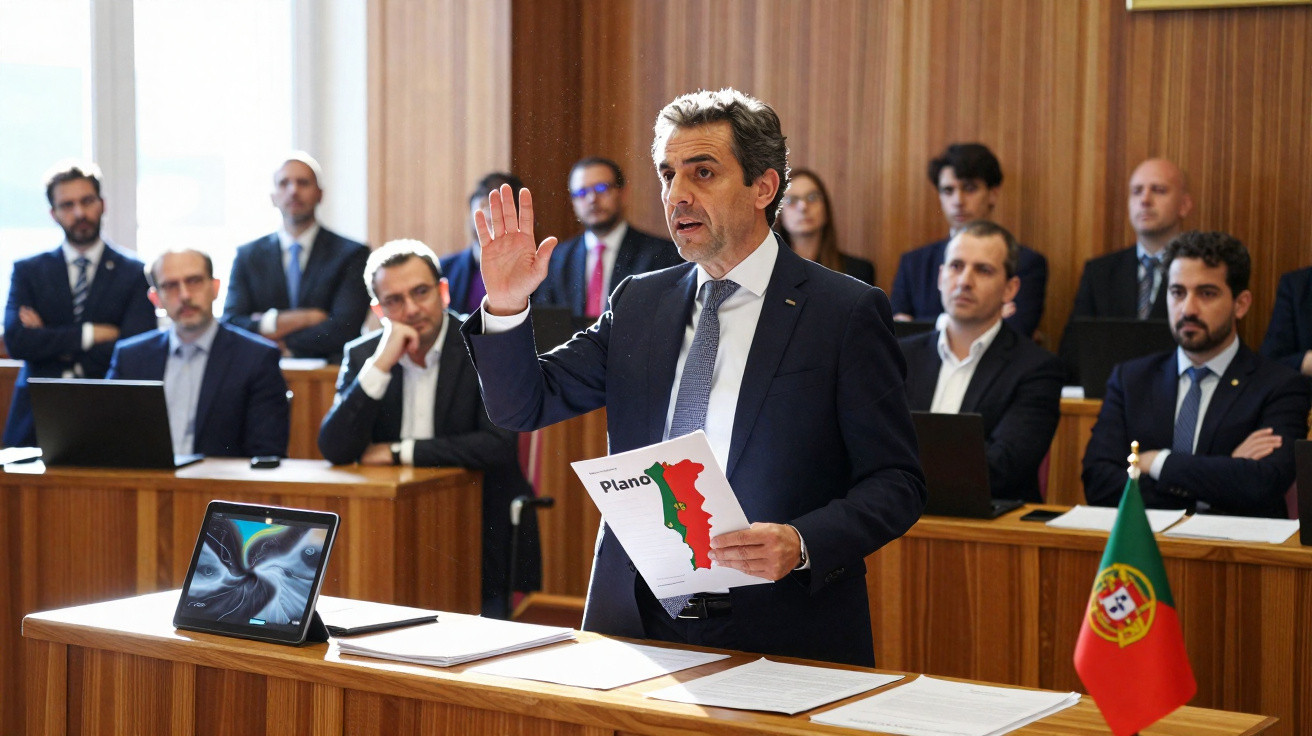 Homem de fato azul a discursar numa assembleia, segurando papel com mapa de Portugal e bandeira portuguesa na mesa.