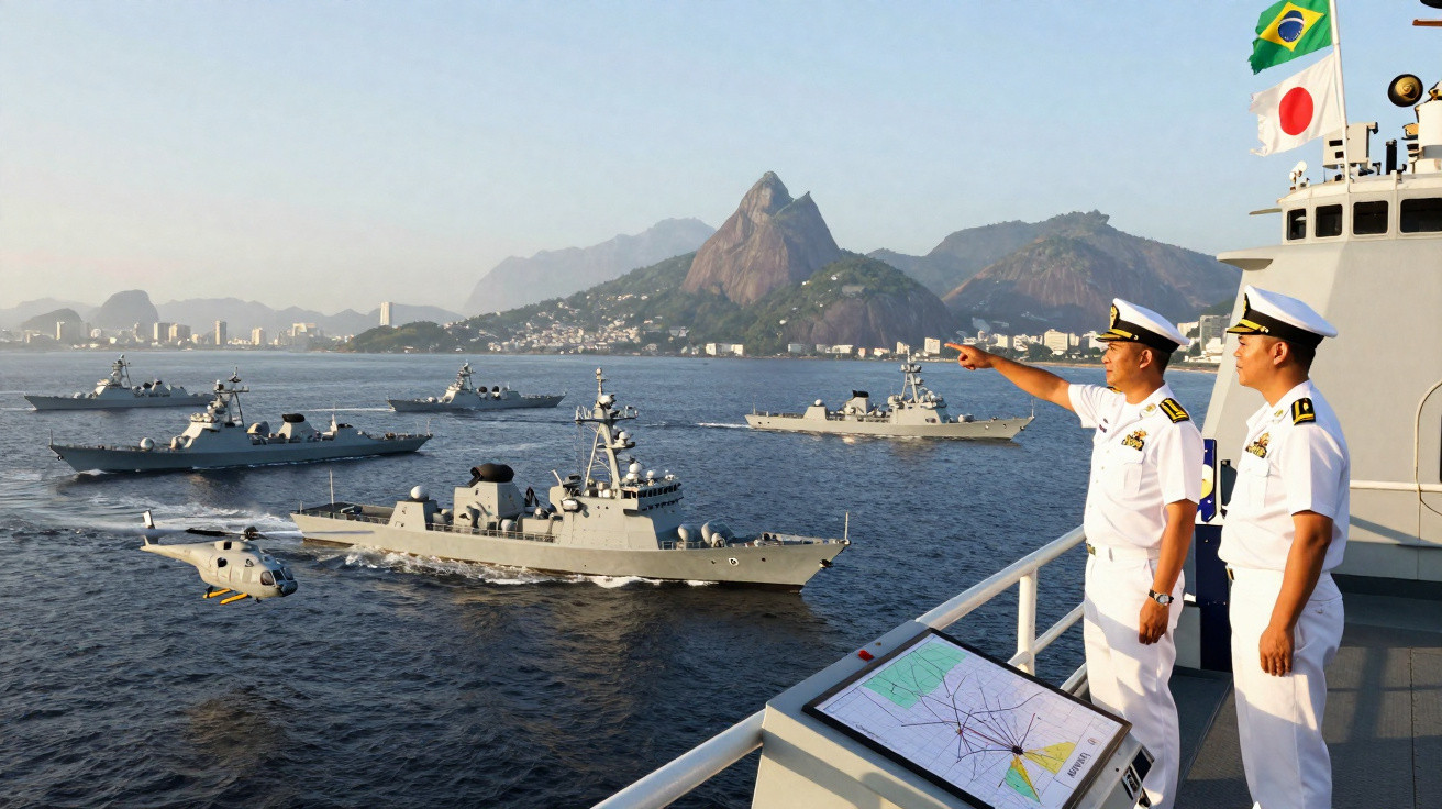 Marinheiros japoneses observam desfile naval no Rio de Janeiro com bandeiras do Japão e Brasil visíveis.