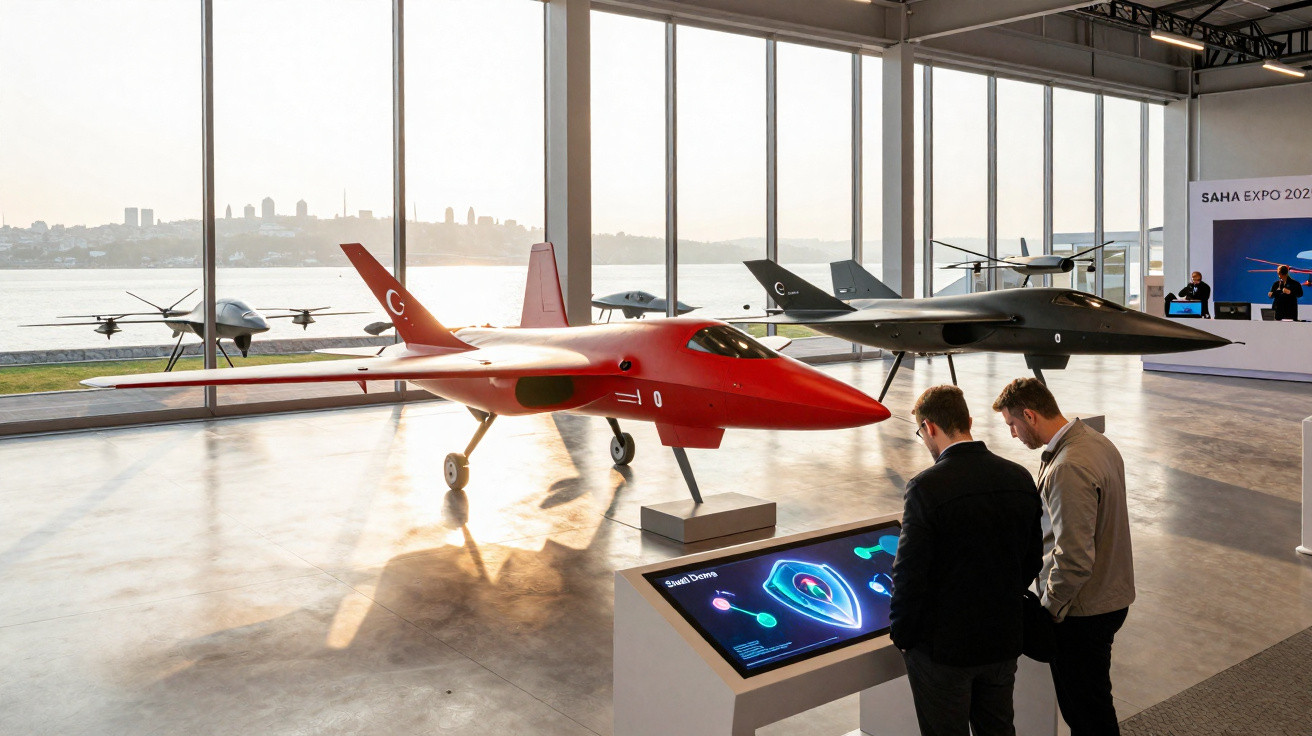 Dois homens observam e interagem com ecrã digital numa exposição de aeronaves futurísticas em ambiente moderno com vista para