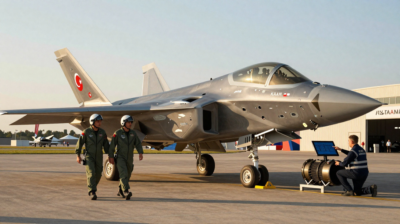Caça F-35 turco estacionado no aeroporto com dois pilotos e um técnico em manutenção ao lado.