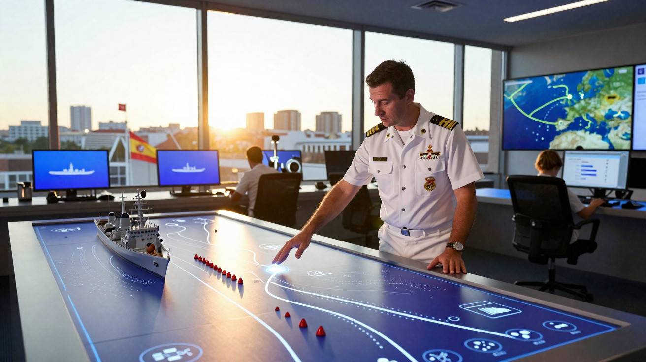 Militar espanhol em uniforme branco operando mesa tática digital com maquete de navio e mapas em fundo.