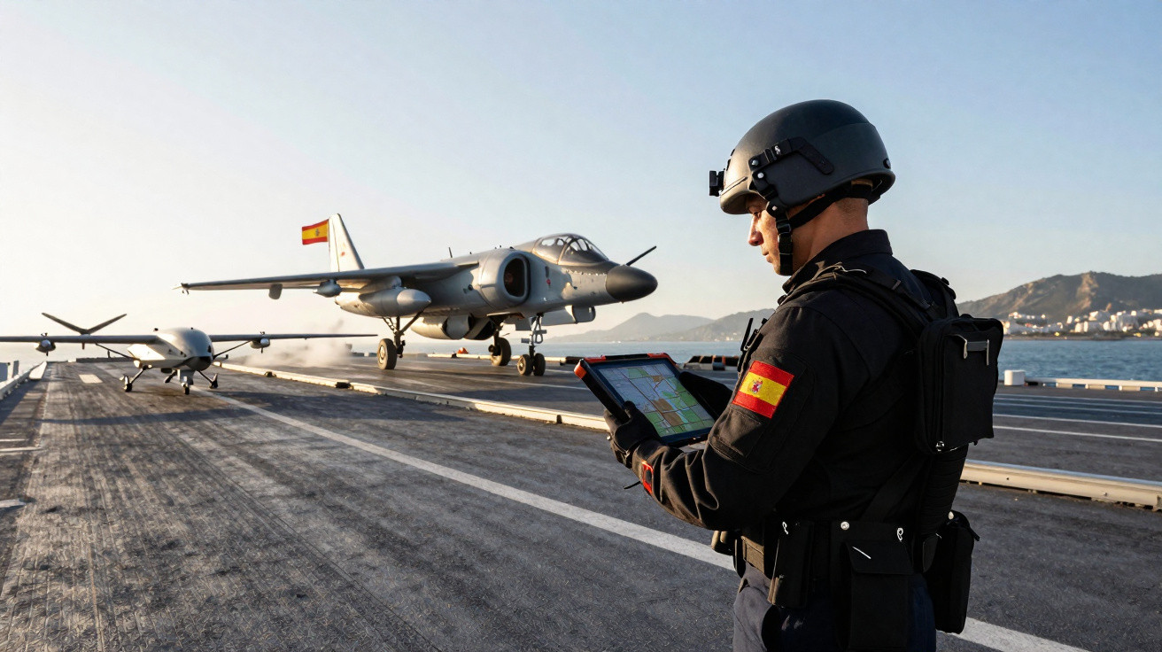 Militar com uniforme tático e capacete observa tablet na ponte de um porta-aviões com avião e bandeira de Espanha ao fundo.