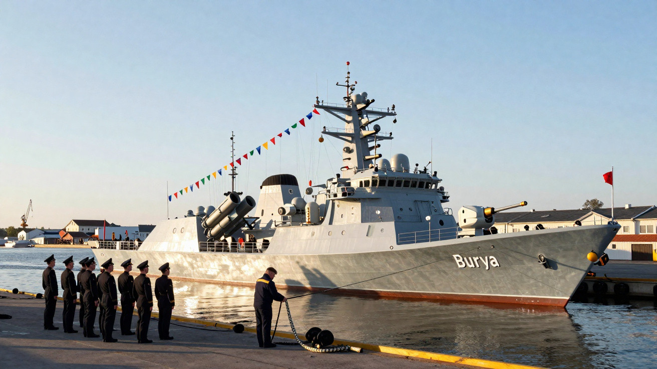 Navio militar cinzento com bandeiras coloridas atracado, com militares em cerimónia na doca.